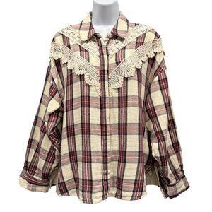 Zara Plaid Lace Cabincore Western Boho Prairie Button Down Shirt Womens L